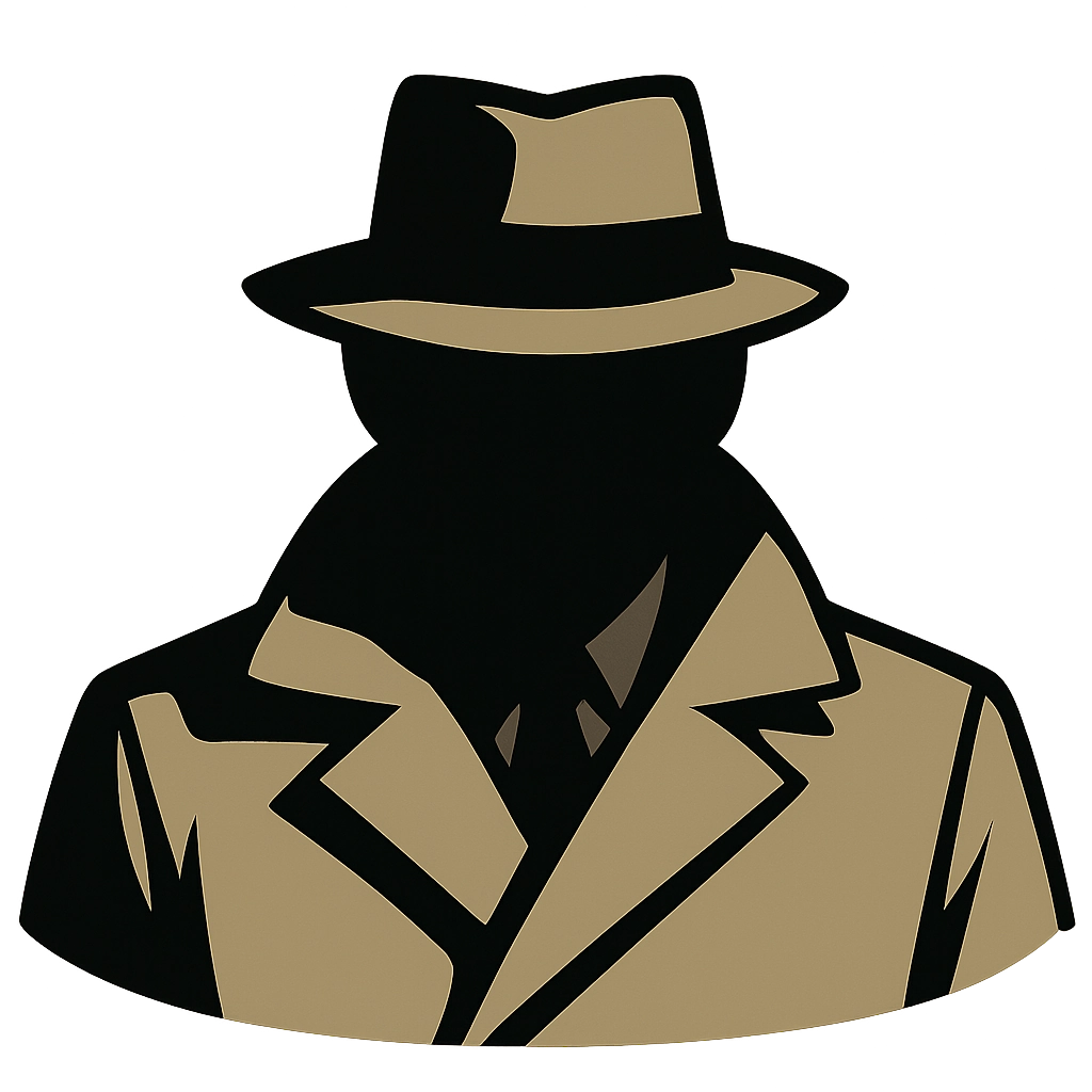 logo detective con gabardina y sombrero años 50-60. La imagen está tomada de hombros hacia arriba. La cara es oscura y se mimetiza con el fondo oscuro de la página