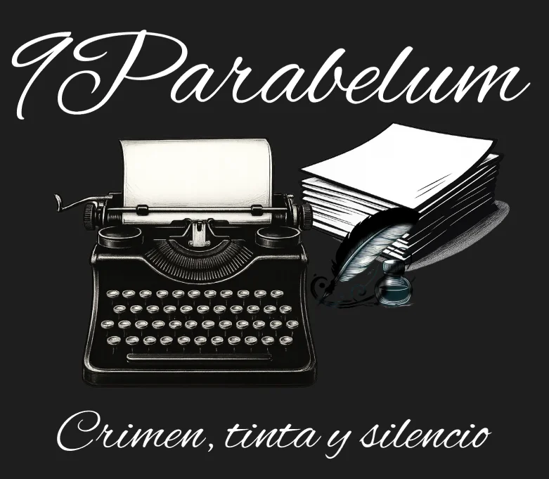 composición de máquina de escribir estilo noir, antigua, con tintero y pluma al lado y una pila de folios en el lado derecho de la máquina y detrás del tintero y la pluma, con una sombra vertical blanca en la base de la pila